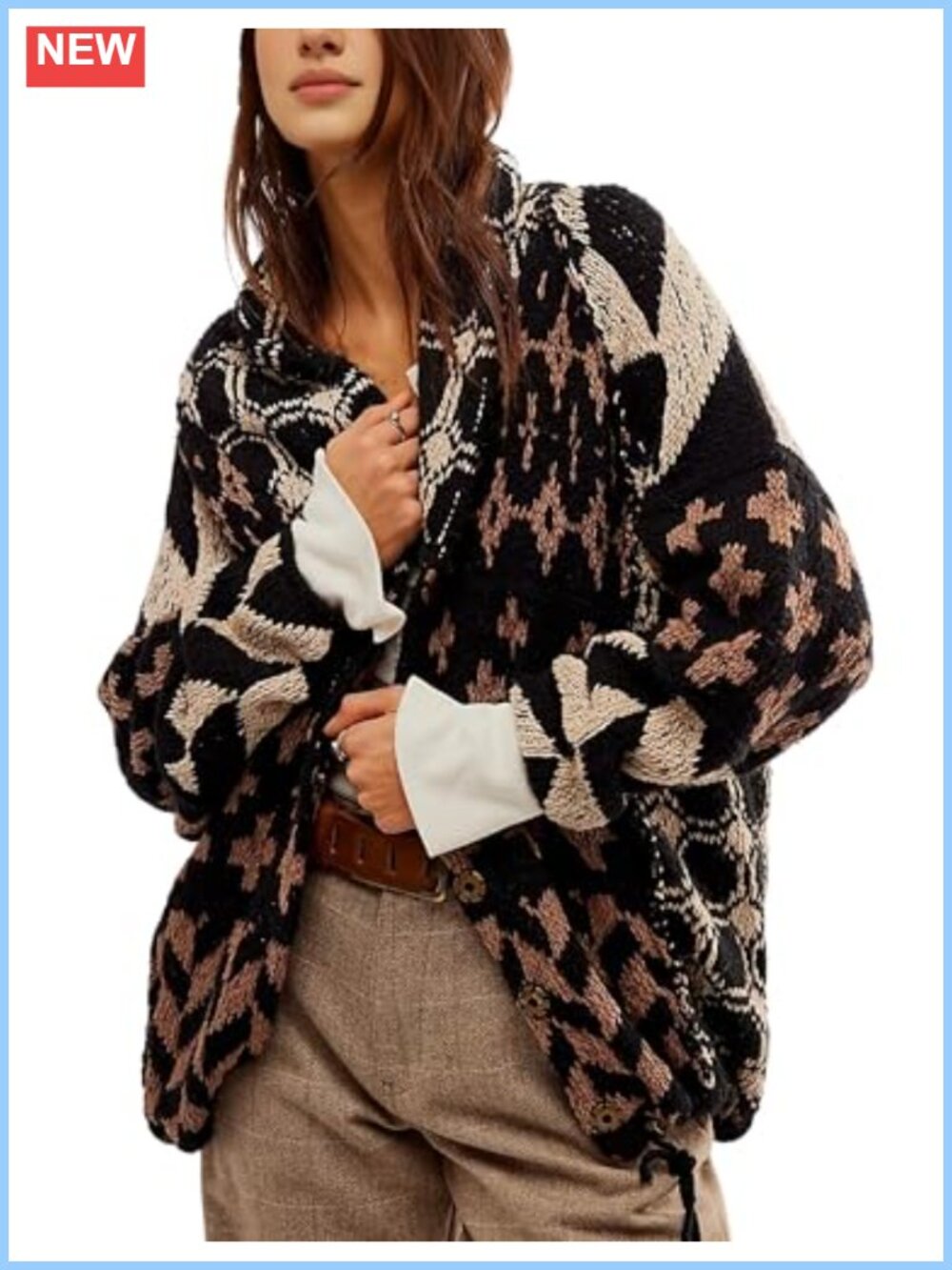 Womens Oversized Graphic Knit Cardigan Button Down Long Sleeve Y2K